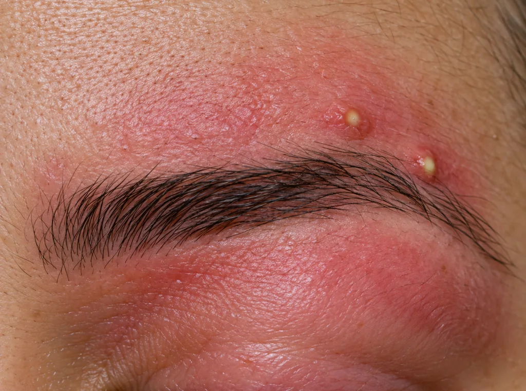 Illustration of an eyebrow area with spreading redness, swelling and two pus-like bumps.